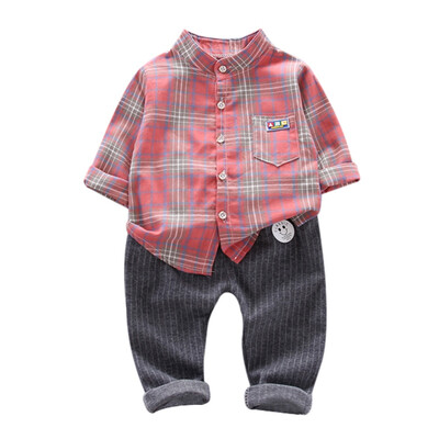 

New Casual Baby Boys Clothes 2pcs Autumn Children clothing Long Sleeve Plaid Print Shirt TopsPants Trouser Set 5 colors