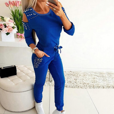 

Women T-shirt Pants Set Beaded Pearls Hollow Out Shoulder Sweatshirt Sweatpants Spring Sporty Casual Shirts Trousers 2PCS