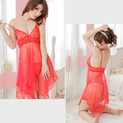 

Sexy Nightgown Lingerie Women Lingerie Deep V Neck Open Lace Nightdress Exotic Mesh Perspective G-string Dress