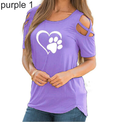 

Summer Casual Paw Print Cross Off Shoulder Short Sleeve O-Neck Women T-Shirt Top