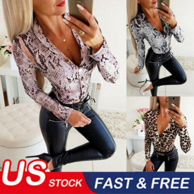 

Women Long Sleeve Loose Snake Skin Print T-Shirt Tops Casual Button Down Blouse