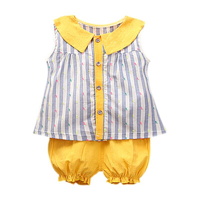 

2PcsSet Summer Baby Girls Cute Casual Sleeveless Stripe Print T-shirt TopsShorts Suits Costume Set