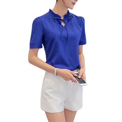 

Hot Sale Stylish Plus Size Slim Solid Color Chiffon Shirts Lady Office Stand Ruffed Lace Neck Blouses Korean version