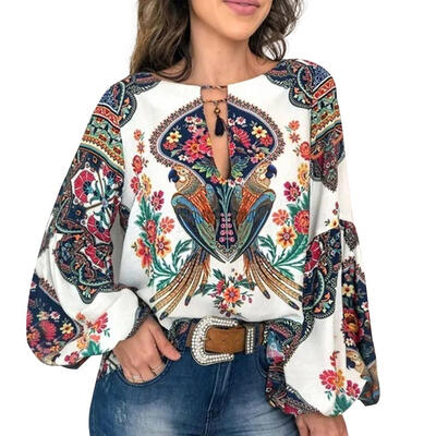 

Women Blouse Long Lantern Sleeve Floral National Style Fashion Casual Tops