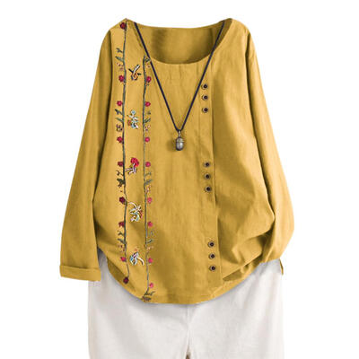 

Women Embroidery Floral Long-Sleeves Cotton T-Shirt Round Neck Loose Tops