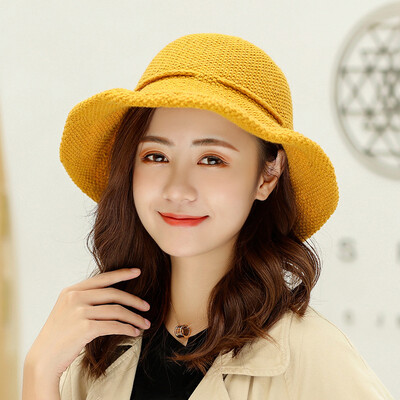 

2019 autumn&winter new Korean knitted woollen hat pure color lady turn over the rope bow warm the basin cap