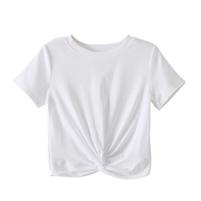 

Round Neck Cross Knot Exposed Navel Short Sleeve Tops Summer Womens Fashion Fold Design Short-sleeved T-shirt