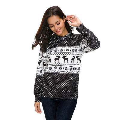 

Christmas Round Collar Women Blouse Dot Deer Pattern Long Sleeve Loose Tops