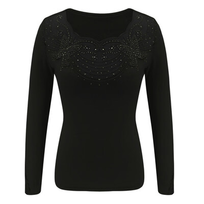 

Women O-Neck Characteristic Lace Ironing beads Tee Top Slim Fit Long Sleeve Womens Fashion Top