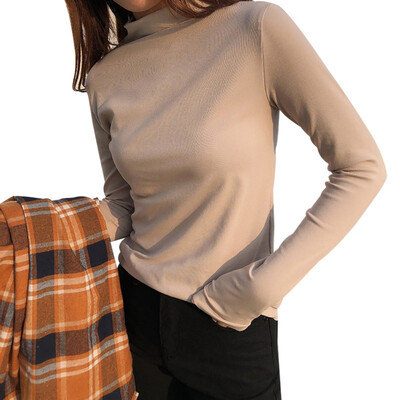 

Women T-shirt Wild Solid Color Turtleneck Pullovers Long Sleeve Slim Fashion T-Shirt Casual Female Streetwear