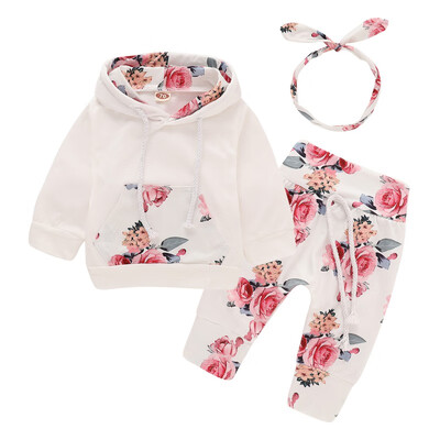 

Infant Baby Girls Clothes Set Baby Long Sleeve Hooded Sweatshirt TopsFloral PantsHairband Outfits Set New Autumn