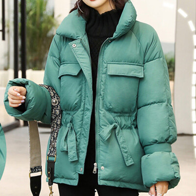 

Tailored Women Fashion Stand Collar Zipper Drawstring Pocket Cotton-padded Clothes Coat