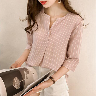 

Womens Business Casual Stripes Tops 34 Sleeve Button Crew Neck Loose Blouse