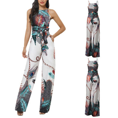 

Womens Sexy Spaghetti Strap Peacock Feather Print Jumpsuit Sleeveless Wide Leg Overalls Rompers