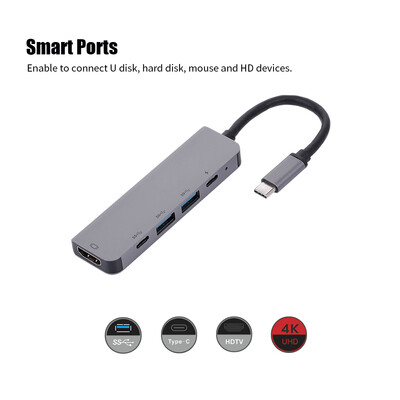 

5-Port 5IN1 Type-C to PD USB2 HDTV TypeC Adapter Multi-Function Converter 4K for Macbook HDTV Projector Plug & Play