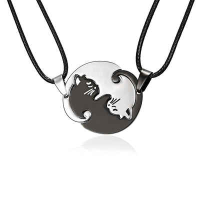 

Couples Jewelry Necklaces Black White Cartoon Cat Chain Stainless Steel Round Animal Pendants Necklace