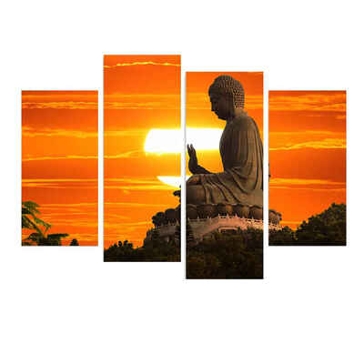 

4 Panels Pattern of Buddha in the Background of Sunrise Unframed Canvas Printed Oil Paintings for Bedroom