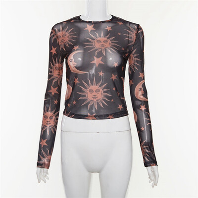 

Fashion Boho Mesh Top Sexy Transparent Female t-shirt Sun Moon Star Printed O-Neck Long Sleeve Tops Women t-shirts 2019
