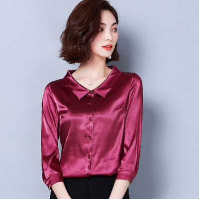 

Women Lapel Silk Temperament Blouse Solid Color Loose Autumn Vintage Cropped Sleeve Casual Bottoming Womens Tops And Blouses New