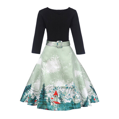 

Tailored Womens Vintage Print 34 Sleeve V-Neck Christmas Evening Party Swing Dress
