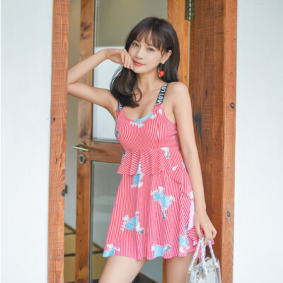 

2019 Women Beach Bathing Dress Female Padded Striped Ruffled Cartoon Conservative Swimwear Quick-Dry Swimming Suits