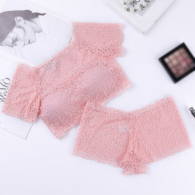 

Women Underwear Set Off-the-shoulder High-elastic Mesh Anti-glare Female Vest Underwear Set Short-sleeved Vest Boxer