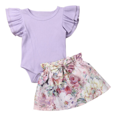 

Baby Girls Clothing Set Ruffled Sleeve Solid Color Tee Floral Print Bowtie Decor Skirt Set