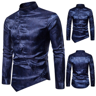

Toponeto Men Inclined Button Cashew Flower Irregular Henry Collar High-Grade Iong-Sleeve