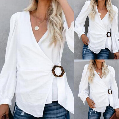 

Tailored Women Casual Solid V-neck Square Button Long Sleeve Tops Blouse T-shirt