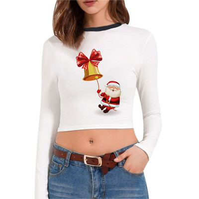 

Christmas T-shirt Santa Claus Christmas Tree Print Multiple Choices Long-Sleeve Cropped tshirt New Hot Women Clothes
