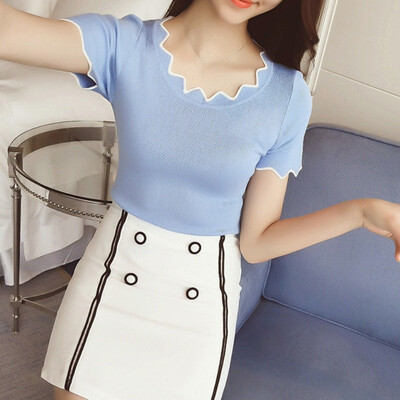 

Summer New Fashionable Design Ladylike Temperament Wavy-shaped Neckline Blouse Solid Slim Short-sleeved Knit Womens Top
