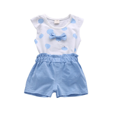 

Casual Girls Clothes Set Summer Kid Sleeveless Dot Bowknot Decoration VestSolid Shorts Clothes Suit Hot Child Clothing