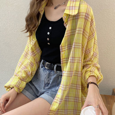 

Spring Autumn Streetwear Chic Blouse Shirts Women Casual Loose Batwing Sleeve Vintage Plaid Shirt Female Preppy Style Loose Tops