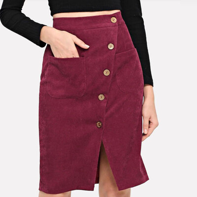 

Gobestart Fashion Women Solid High Waist Pocket Button Mid Long Casual Skirts