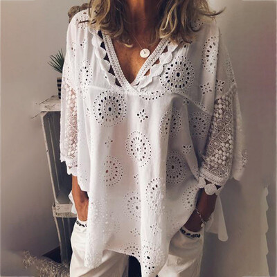 

Plus Large Size Women Shirts Blouses Long Sleeve V-Neck Sexy Blouse Tops Loose Hollow Out Lace Casual Shirt -5XL