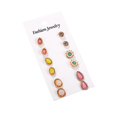 

6 Pairsset Women Girls Crystal Stud Earrings Female Colorful Round Waterdrop Flower Earrings Jewelry