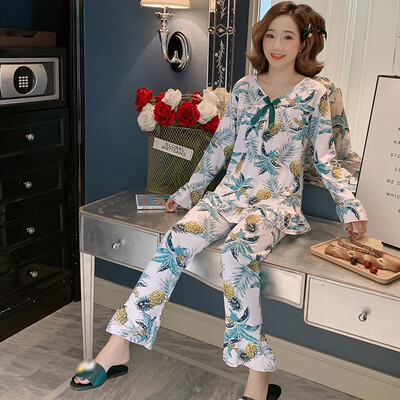 

Autumn Women Pajamas Sets Flower Print Fashion Bow Luxury Female Faux Silk Two Pieces Shirts Pants Nighties Sleepwear