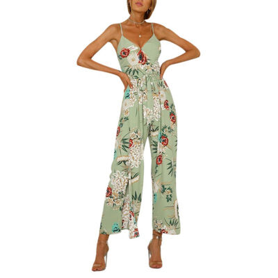 

V Neck Backless Floral Print Off Shoulder Spaghetti Strap Split Full Length Jumpsuits For Women Bodysuits Beach Overalls Female