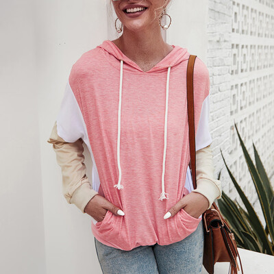 

Tailored Women Casual Patchwork Long Sleeve Pullover Pocket Hooded Sweater Top Blouse