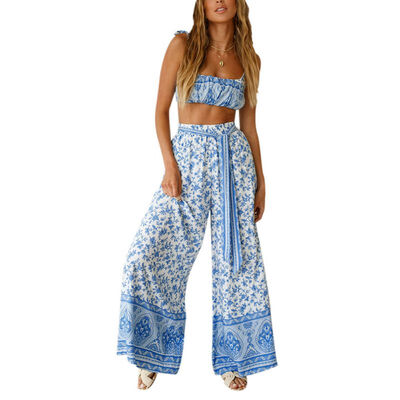 

Summer Casual 2 piece Set Women Sexy Strap Sleeveless Crop TopBandage Wide Leg Long Pants Women Fashion Print Set