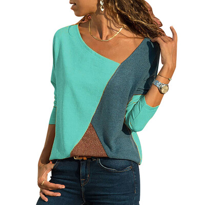 

Womens Stitching Contrast Color T-shirt Round Neck Long-sleeved Hot Sale Casual New T-shirt