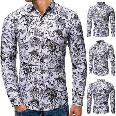 

Toponeto Mens Autumn Winter Casual Turn-down Collar Long Sleeve Printing Shirt