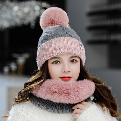 

Ms 2019 knitted pullover cap warm smile matching color scarf students Baotou cap scarf two-piece tide