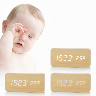 

Multifunction Modern Wooden LED Desk Clock Square Sounds Control Digital Alarm Clock With Thermometer Home Decoration