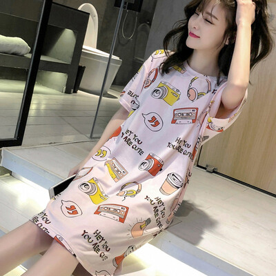 

Sweet Cute Cartoon Print Womens Sleepshirts Round Neck Short Sleeve Knee-length Nightdress