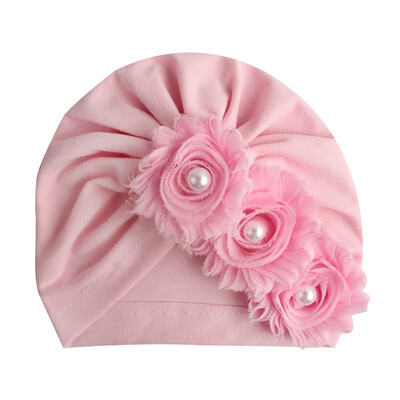 

Hot Sale Summer New Cute Baby Girl Hat Comfortable Breathable Solid Color With Flower Pearl Candy Color Turban Elastic Cap