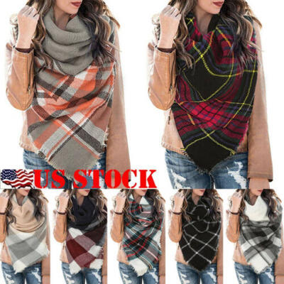 

Women Oversized Plaid Triangle Blanket Scarf Checked Wrap Shawl Winter Warm Wrap