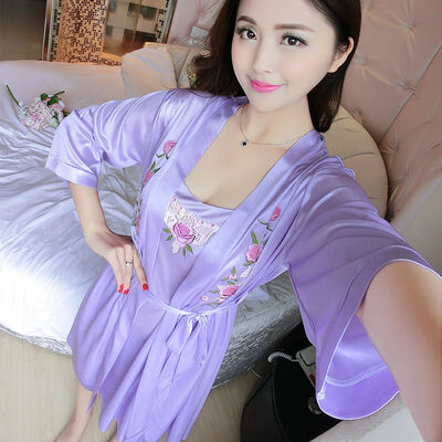 

Women Soild Color  Thin Satin Luxurious Lightweight Long Sleeve Night Dress With Belt Lace Sexy Home Set Mid Dress