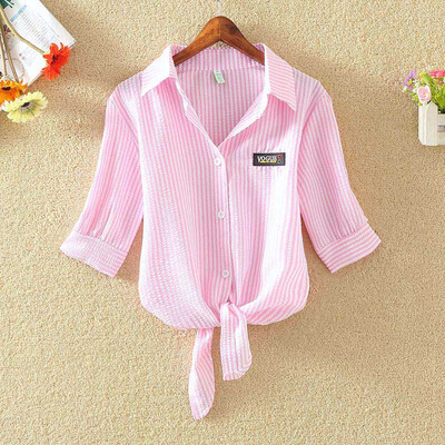

Korean Style Half Sleeves Turn-down Collar Bow Short Women Tops And Blouses Striped Casual Wild Fashion 2018 Women Shirts
