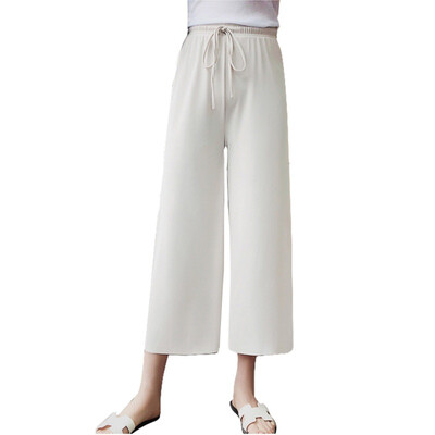 

Autumn High Waist Stretch Knit Wide Leg Pants Women Drawstring Solid Color Loose Straight Long pant